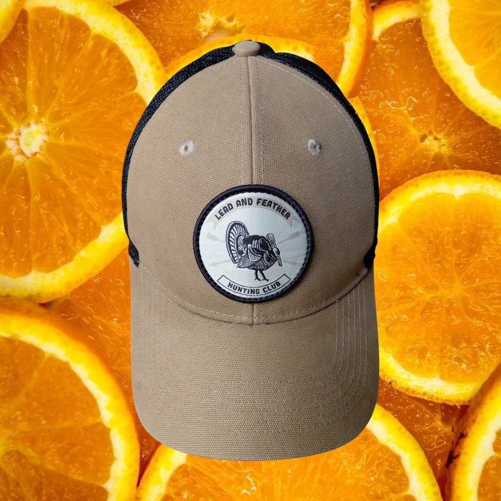 Lead and Feather Hunting Club Turkey Mesh Trucker Hat Tan Black OSFM